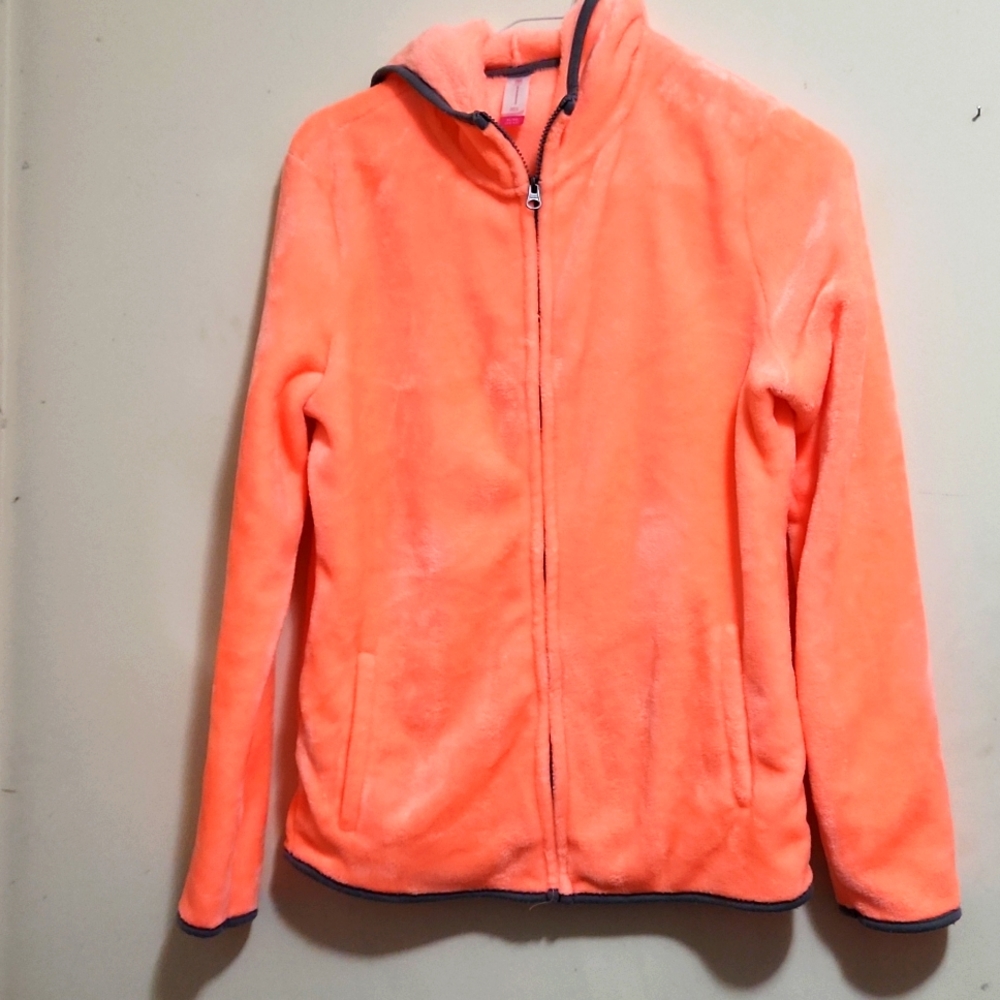 Juniors xl neon orange hooded fleece zip up jacket